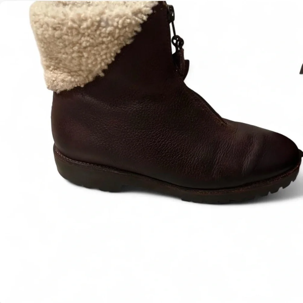 Vtg Cole Haan Shelley Sz 7 Brown Pebbled Leather Fur Lined Front Zip Booties